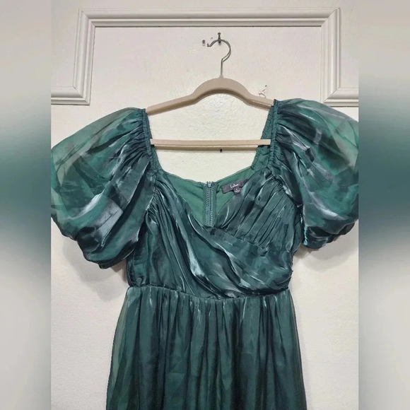 Lulus Remarkable Sensation Emerald Green Puff Sleeve Tiered Midi Dress S Wedding - Picture 10 of 12